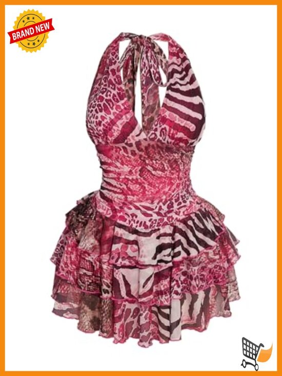 Dresses & Skirts - Plus Size Halter Mesh Mini Dress Y2K Animal Print Backless Club Party